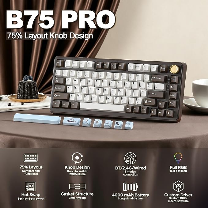 YUNZII B75 PRO Wireless Mechanical Keyboard,75% Layout with Knob,Hot Swap Gasket Structure,Creamy Pre-lubed Switches,RGB Backlit,Bluetooth/Type-C/2.4G for Win/Mac (Coffee Brown, Milk Switch)