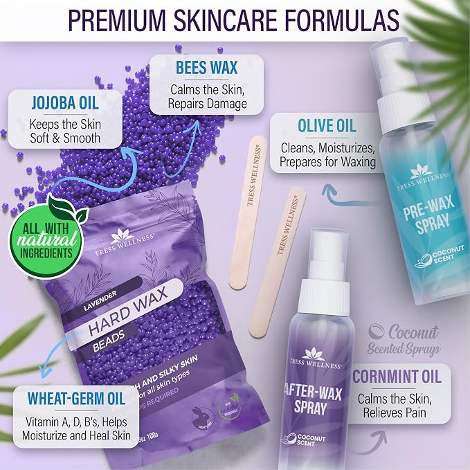 Tress Wellness Award Winning Waxing Kit for Sensitive Skin, Safe for Face & Skin, Easy to Use, At-Home Kit for Face, Bikini, Brazilian & Full Body - Digital Display, Black Purple Flower