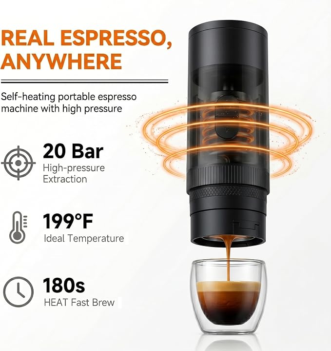 Portable Coffee Maker Electric Espresso Machine, 20 Bar Coffee Espresso Maker for Travel Self-Heating, Battery Powered with USB-C, 7800mAh, 2-IN-1 for Ground Coffee & NS Capsule, for Hiking, Office,RV