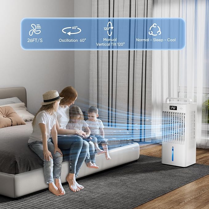 Feculs Portable Windowless Air Conditioners, 3-IN-1 Swamp Cooler, Evaporative Air Cooler, 6 Speeds & 3 Modes, 3-Gal Water Tank for Cooling, 20 FT/S Remote Control, Portable Air Cooler for Indoors