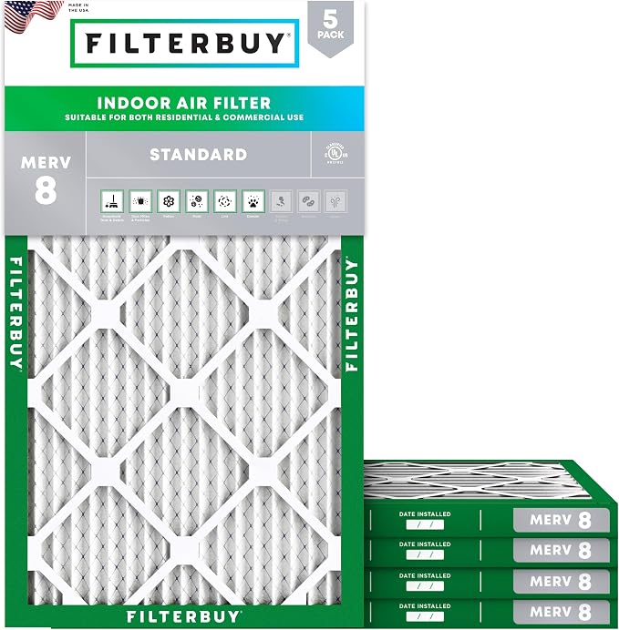 Filterbuy 20x36x1 Air Filter MERV 8 Essential Dust & Allergy Defense (5-Pack), Electrostatic Pleated HVAC AC Furnace Filters Replacement, Made in USA (Actual Size: 19.75 x 35.75 x 0.75)
