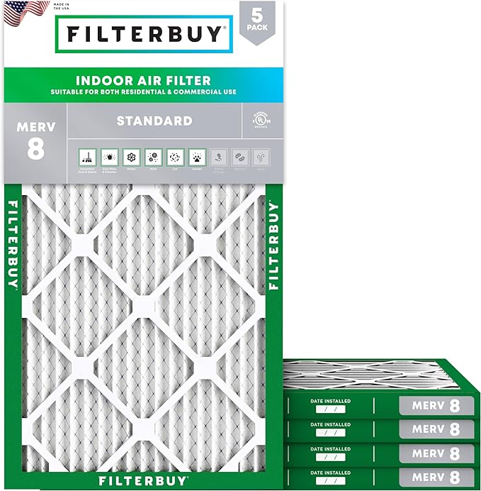 Filterbuy 13x24x1 Air Filter MERV 8 Essential Dust & Allergy Defense (5-Pack), Electrostatic Pleated HVAC AC Furnace Filters Replacement, Made in USA (Actual Size: 13.00 x 24.00 x 0.75)