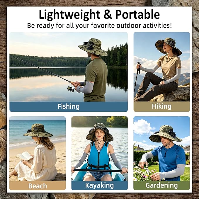 Solar Fan Hat with 2 Fans - Khaki Wide Brim Bucket Hat for Men Women, UPF 50+ Sun Hat for Fishing, Hiking