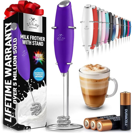 Zulay Kitchen Powerful Milk Frother Wand With Duracell Batteries - Ultra Fast Handheld Drink Mixer - Electric Whisk Foam Maker for Coffee, Lattes, Cappuccino & Matcha - Triple Whisk - Wine Purple