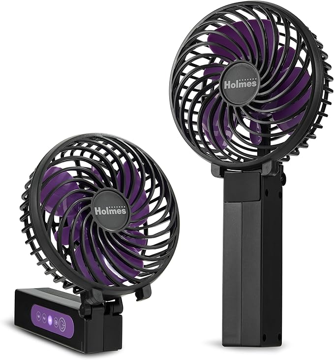 HOLMES 4" Portable Handheld Fan – 3 Speeds, Rechargeable, USB-C, 180° Adjustable, Lightweight, Compact, for Home, Office, Travel – Black, 1-Year Limited Warranty
