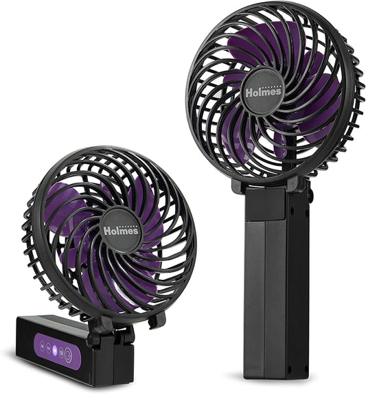 HOLMES 4" Portable Handheld Fan – 3 Speeds, Rechargeable, USB-C, 180° Adjustable, Lightweight, Compact, for Home, Office, Travel – Black, 1-Year Limited Warranty