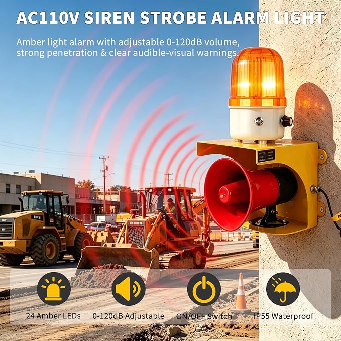 AC110V Industrial Siren Alarm Strobe Light-120dB Loud Horn&Waterproof Red Beacon Warning Light for Emergency,Factory,Fires,Tornado,Intruder Deterrent (AC110V Amber Light (Switch,0-120dB))