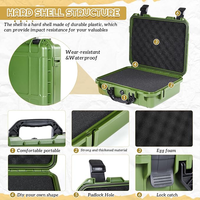 Relaxweex 1 Pcs Waterproof Hard Case with DIY Customizable Foam Insert Portable Protective Case with Knife for Camera Drones Equipments Tools Test Instruments(Green,8.5 x 6.5 x 3.7 Inch)