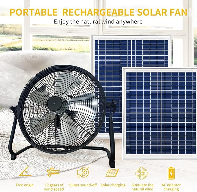 16 Inch Portable Rechargeable Solar Floor/Table Fan, Air Circulation Fan Powered by Two Solar Panels and AC Charger Dual Input for Indoor Household, Picnic Outdoors, Barbecue, Fishing, Travel