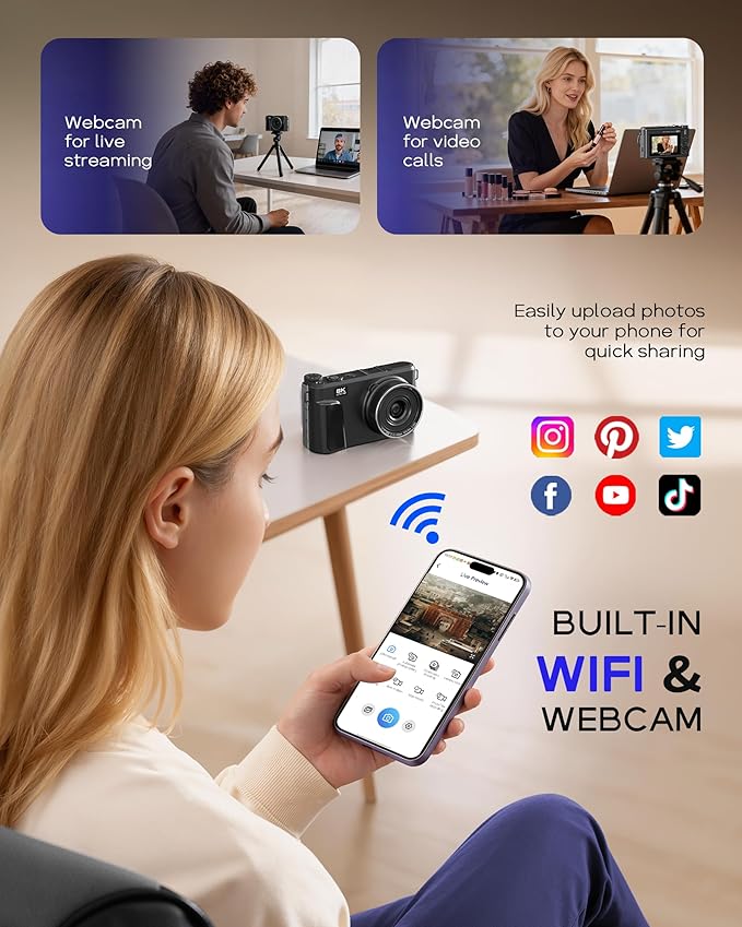 8K Digital Camera for Photography - 88MP Autofocus Vlogging Camera for YouTube with 64GB SD Card, WiFi, 18X Zoom 3" 180° Flip Screen Compact Travel Camera with 2 Batteries for Teens and Beginner