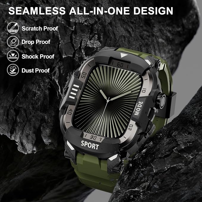 DABAOZA Rugged Case with Band Compatible with Apple Watch 46mm, for iWatch Series 11/10,Military Grade Shockproof Bumper and Men's Tactical Heavy Duty Strap(Army Green,46MM)