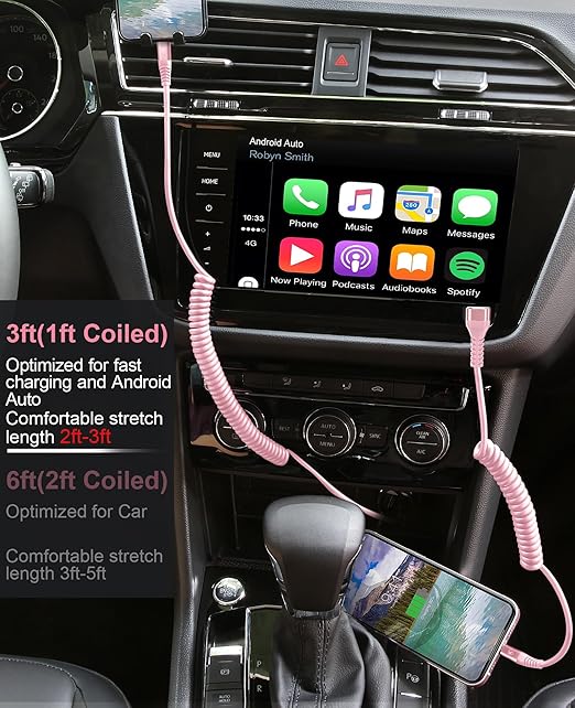 90 Degree Coiled USB C Cable for Car 3FT, 2Pack USB C to USB C Cable 3A Fast Charging, USB C to C Cable for CarPaly/Android Auto,Right Angle Type C Cord for iPhone 17/16/15/Pro Max and More-Pink