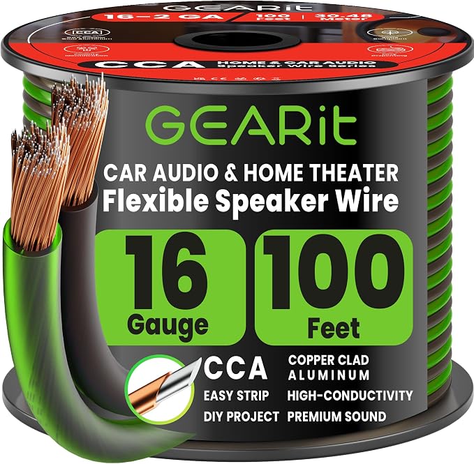 GEARit 16 Gauge Speaker Wire 100 ft,16 Gauge Wire with Foot Markers & Polarity Markings,Flexible Speaker Cable for Car Audio & Home Theater Speakers,Audio Cable for DIY Installations,CCA(Black Green)