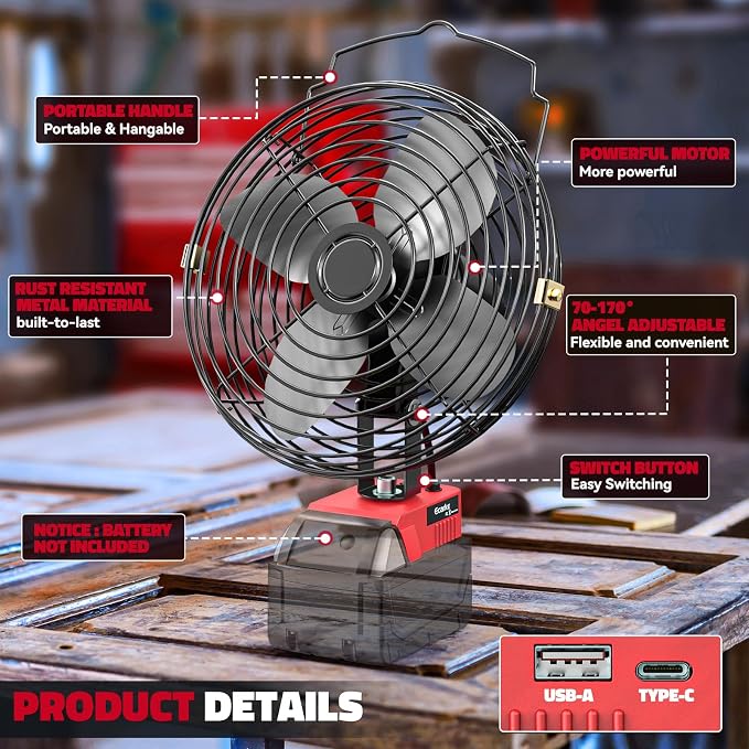Ecarke 8" Portable Jobsite Fan Compatible with Milwaukee Battery (Tool Only) Brushless Motor 18v Fans Cordless With USB & Type-C Charging Port for 18V Fan Camping,Workshop,Construction Site