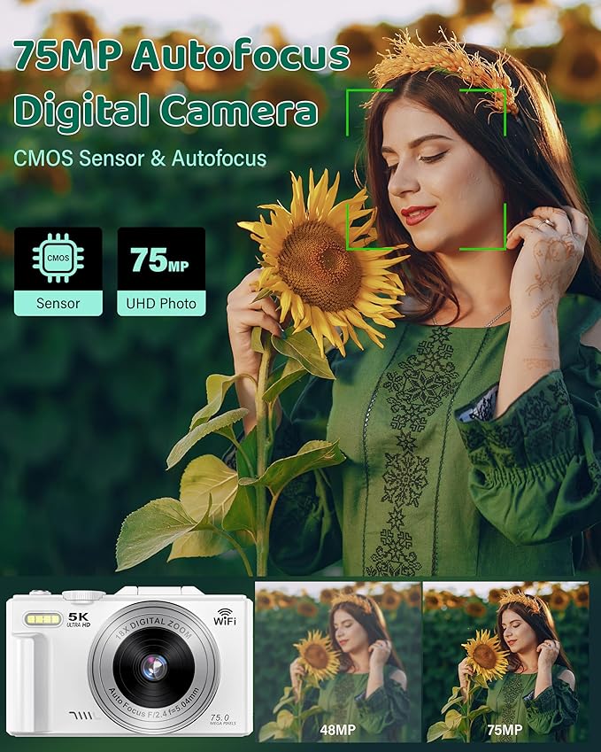 5K Digital Camera - WiFi 75MP Cameras for Photography - UHD Vlogging Camera for YouTube with 3" 180° Flip Screen - Autofocus Compact Video Travel Camara with 18X Zoom, 32GB SD Card, 2 Batteries