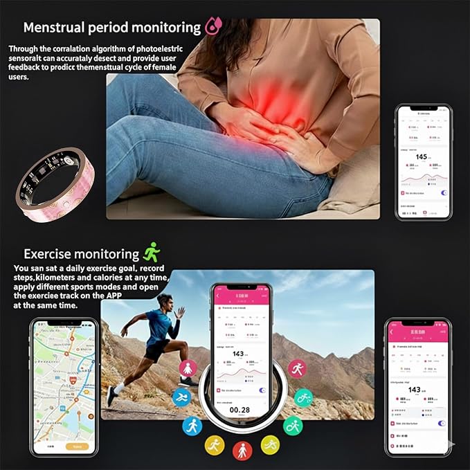 Smart Ring for Women Gift, Fitness & Vital Signs Monitoring, Sleep Tracker/Remote Photography/No Subscription(Pink,9#)