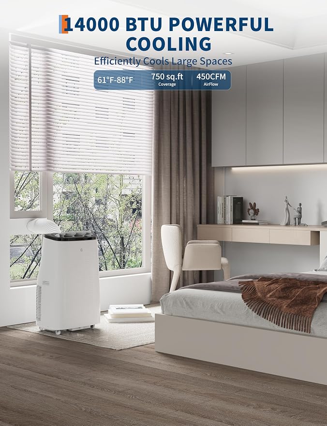 Garvee Portable Air Conditioners 14000 Btu, Remote Control, Dehumidifier, Fan with Digital Display, Up to 750 Sq.ft Cool/Fan/Dry/Sleep, Quiet, LCD Remote, Fast Cooling, Dust Filter