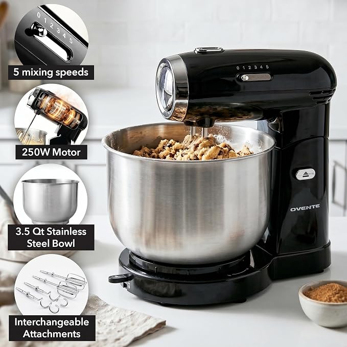 OVENTE Electric Stand Mixer with 3.5 Quarts Stainless Steel Mixing Bowl, 5 Speed Portable and Lightweight 250W Kitchen Mixer for Everyday Use, Includes 2 Egg Beater Whisk and Dough Hook Black SM680B
