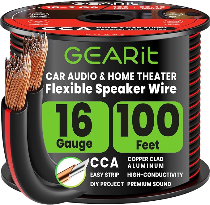 GEARit 16 Gauge Speaker Wire 100 ft,16 Gauge Wire with Foot Markers & Polarity Markings,Flexible Speaker Cable for Car Audio & Home Theater Speakers,Audio Cable for DIY Installations,CCA(Black)