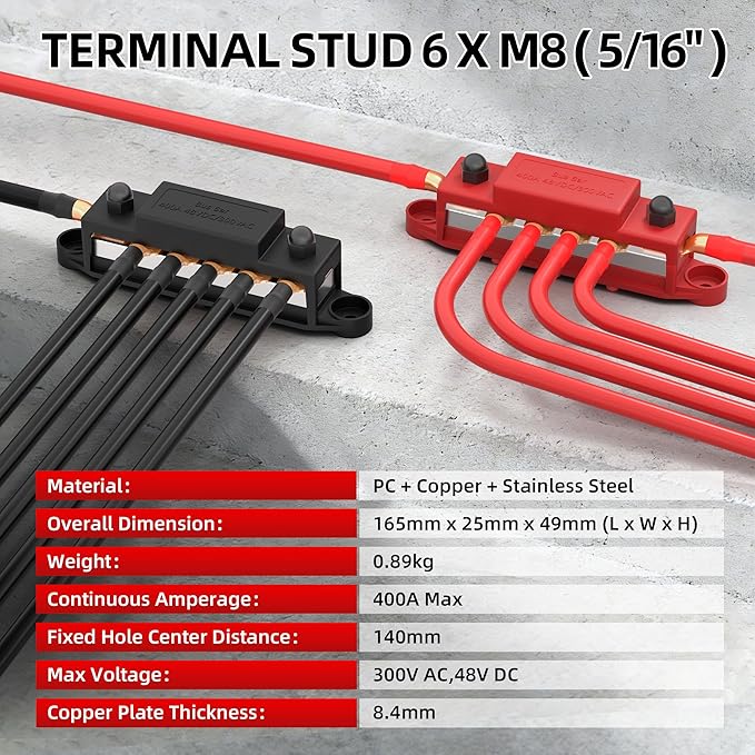 RVMARINEPAT 400A 12V 24V 48V Bus Bar with 6 x 5/16" (M8) Studs, Heavy Duty Power Distribution Block & Battery Terminal Kit with 6 Lugs for Inverter, Solar, Marine, RV (Red & Black Pair)