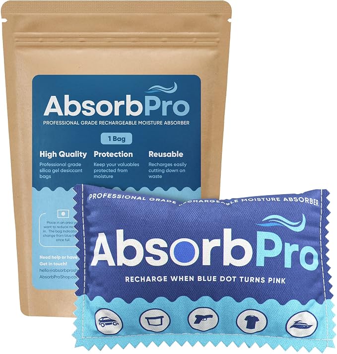 Absorb Pro Rechargeable Dehumidifier Bag 1-Pack - 100g Reusable Moisture Absorbers - Silica Gel Packets for Bins, Totes, Gun Safe, Food Storage, Clothes, Cars, and Boats