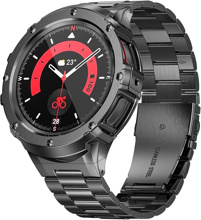 SUPLINK Stainless Steel Case and Band Compatible with Samsung Galaxy Watch 6 Bands 44mm, Solid Metal Protector Case Strap for Samsung Galaxy 6 Watch Men, Space Grey