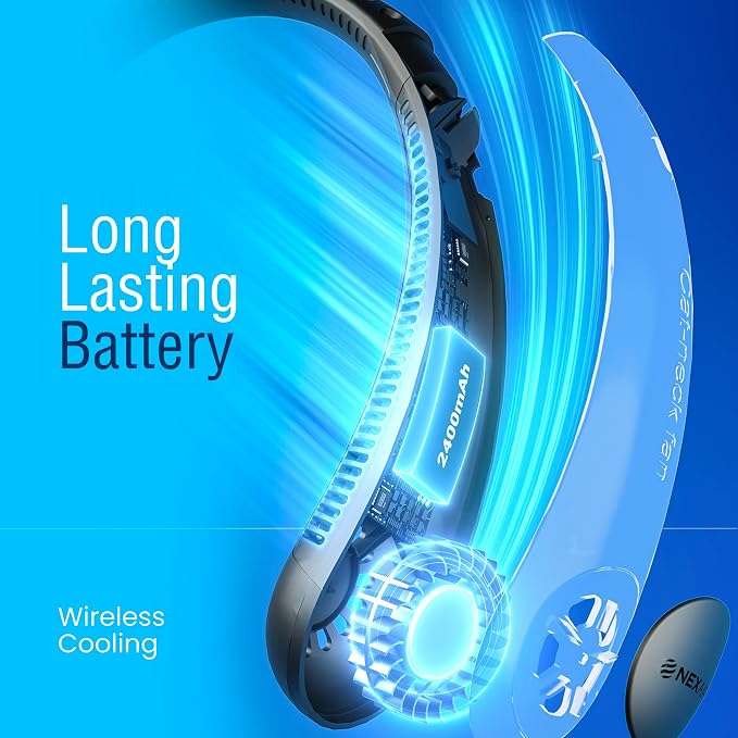 NEXAIR Portable Neck Fan Hands Free Cooling Lightweight Bladeless Neck Fan, 3 Speeds, 2400mAh Battery, 5H Runtime White | 3 Speeds, 2400mAh Battery, 5H Runtime, Lightweight Cooling