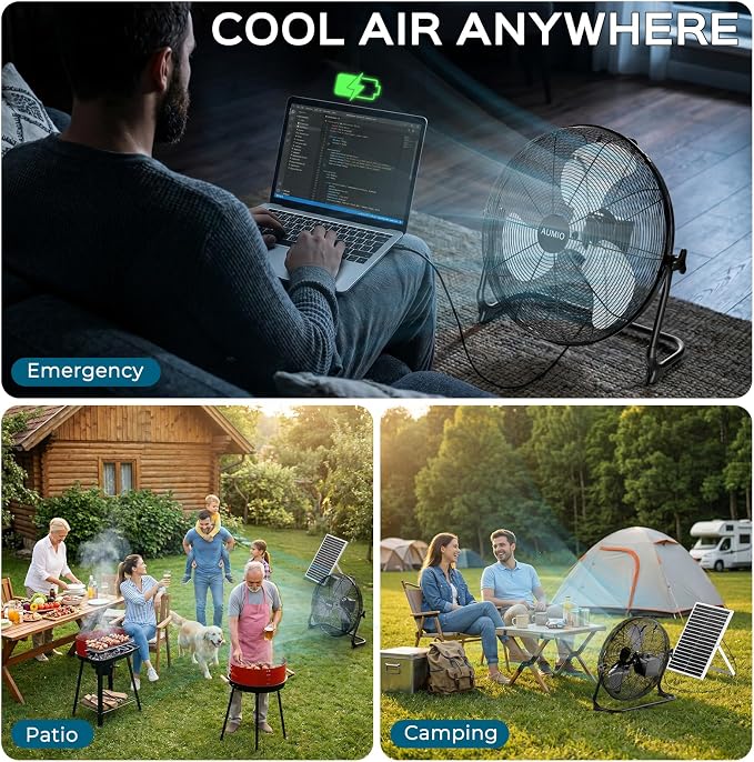 AUMIO 16" Solar Powered Floor Fan, Battery Operated Solar Fan with 25W Solar Panel & 15600mAh Battery, 1050 CFM High Velocity Airflow, 4-25H Runtime for Outdoor Camping, Power Outage, Patio, RV