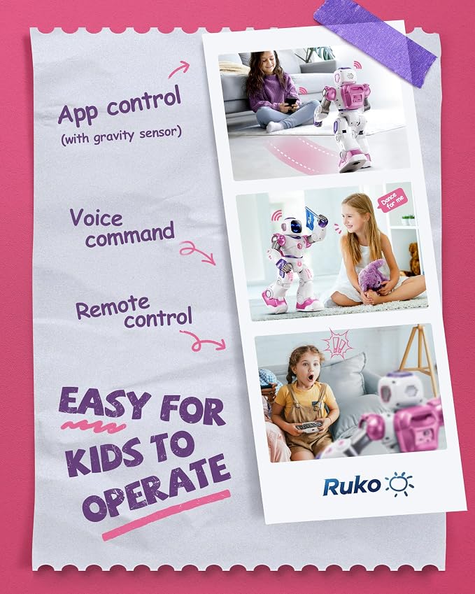 Ruko 1088 Interactive RC Robot Toy for Kids, Large Programmable Robot with App Control, Dancing, Birthday, for Boys & Girls Ages 4 5 6 7 8 9, Pink