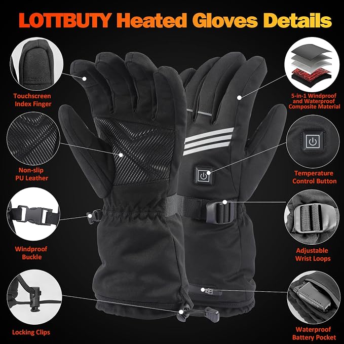 Heated Gloves for Men Women, Rechargeable Heated Gloves with 4 Temperature Modes, 7.4V 5000mAh Battery Waterproof Camping Hand Warmers for Motorcycle Skiing Hiking