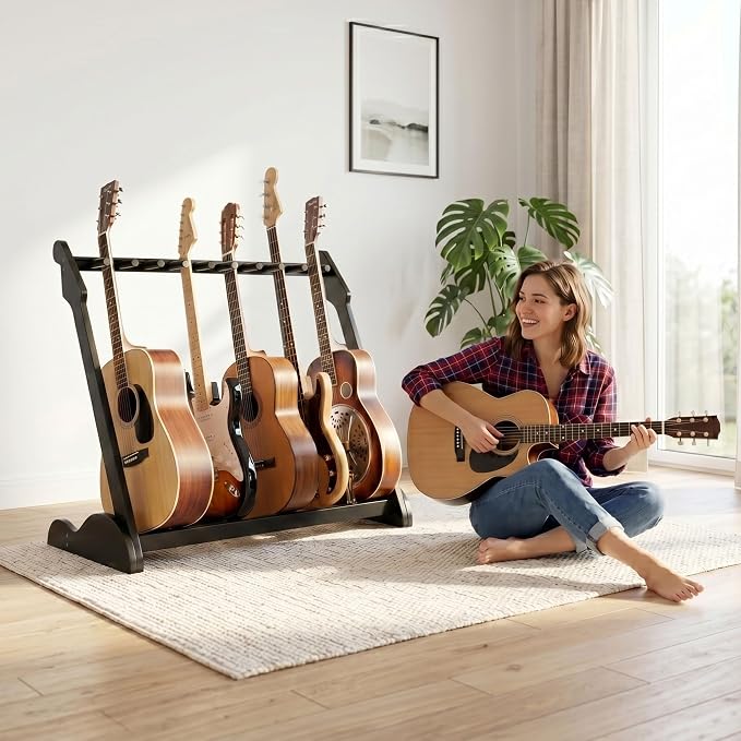 Guitar Stand Rack, Multi-Guitar Display Rack Adjustable Bamboo Guitars Holder Electric Guitar Stands Floor Storage for Bass Acoustic, Home Studio, Band Stage (Black-B)