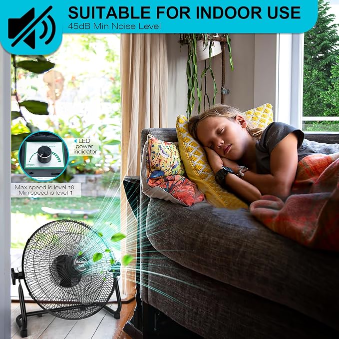 DBF 14" Solar Powered Fan Battery Operated, 15000mAh Outdoor Floor Fan Cordless with 20W Solar Panel, 18 Stepless Speeds, 120° Tilt, Portable High Velocity Fans For Outside, Home, Greenhouse, Camping