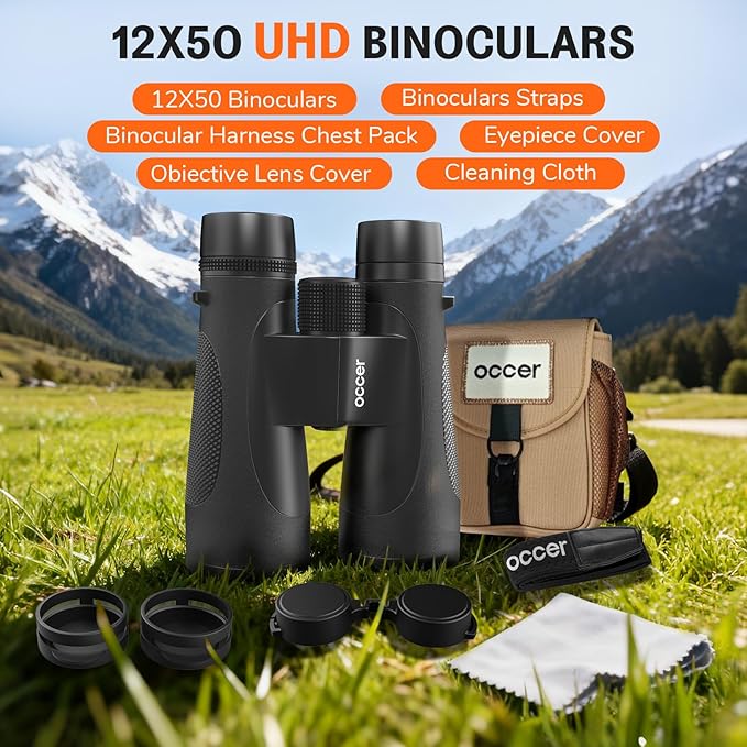 Occer 12x50 Binoculars for Adults High Powered IPX7 Waterproof - Fogproof Shockproof UHD Binoculars, Rubber Armor Binocular for Hunting, Bird Watching, Cruise Ship