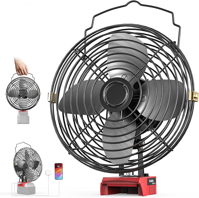 Ecarke 8" Portable Jobsite Fan Compatible with Milwaukee Battery (Tool Only) Brushless Motor 18v Fans Cordless With USB & Type-C Charging Port for 18V Fan Camping,Workshop,Construction Site