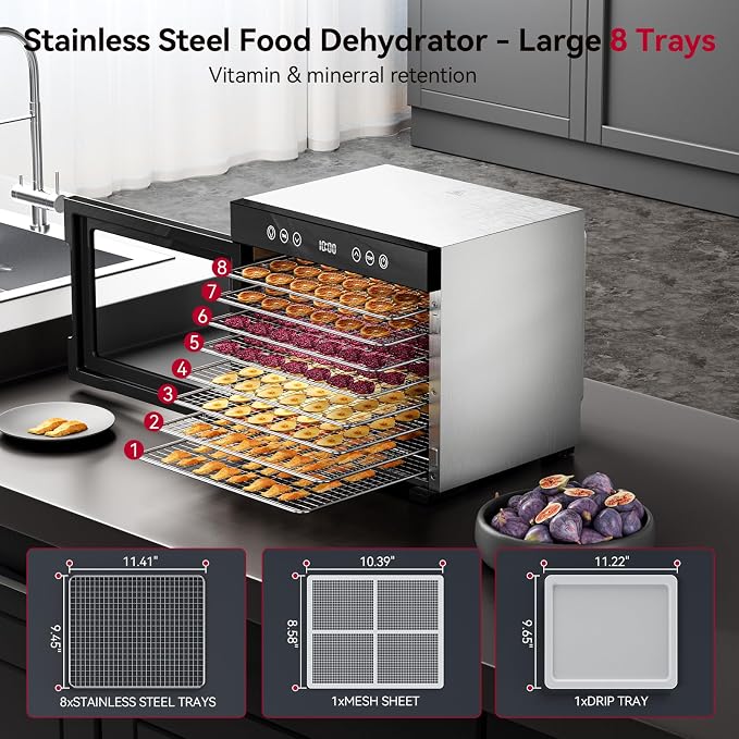 Food Dehydrator Machine, Powerful Food Dryer with 8 Stainless Steel Trays, Adjustable Temperature up to 167°F & 48-Hour Timer for Jerky, Fruits, Herbs - Includes Mesh Tray, Drip Tray & Recipe Guide