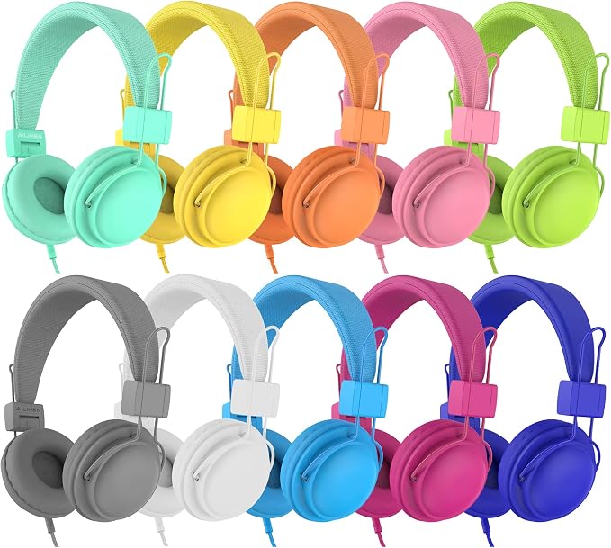 AILIHEN Classroom Headphones Kids 10-Pack for School Student K-5, On-Ear Premium Bulk Wired Headset with Mic, 85dB Volume Limited & SharePort, 3.5mm Jack for Chromebook, Computer, Laptop (Multicolor)