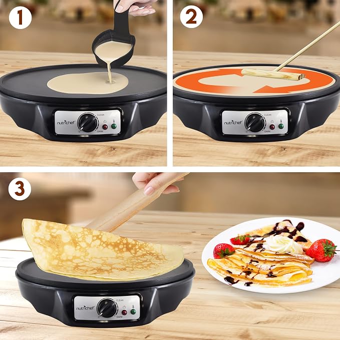 NutriChef Crepe Maker - Cooks Bacon, Roti, Tortillas & Omelets - Easy to Clean Detachable Cooktop - 12 inch Cook Area with Adjustable Temperature - Includes Wooden Spatula & Batter Spreader