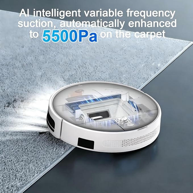 Robot Vacuum and Mop Combo,5500Pa Strong Suction,Anti-Tangle Brushless Inlet 2 in 1 Super Thin Robotic Vacuum with App/Remote/Voice Control, Self-Charging,for Pet Hair, Hard Floor, Low-Pile Carpet-W