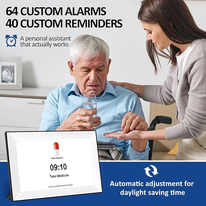 10.1" Touchscreen Digital Calendar Alarm Clock, Dementia Clocks for Seniors Extra Large Display Clock with Day and Date for Elderly, 40 Reminders&64 Alarms&Auto-Dimming&Auto DST(White)