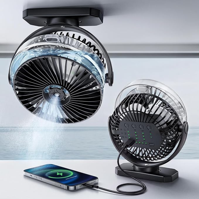Magnetic Cruise Ship Approved Fan, 12000mAh Battery Travel Fan with Cold Mist Spray, 4 Speeds, LED Lights, Timer, Portable Fan for Golf Cart, Bedroom, Camping, Cruise Must Haves Essentials 2026