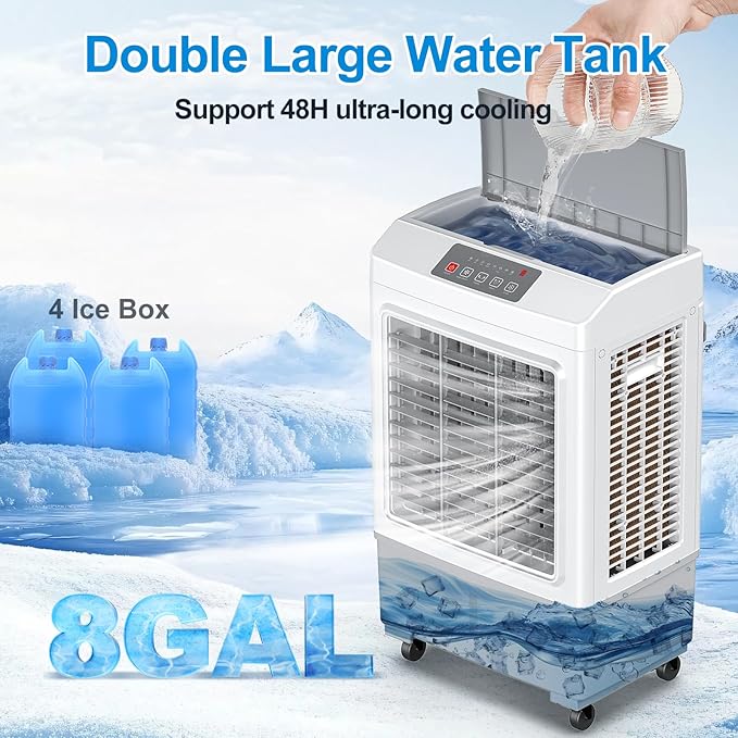 Windowless Swamp Cooler, 3 in 1 Evaporative Portable Air Conditioner with Remote, Cooling Fan Ac Unit,3 Speed, 24H Timer, 5.3 Gal Water Tank, 4 Ice Box for Garage, Patio, Bedroom Home Office Outdoor