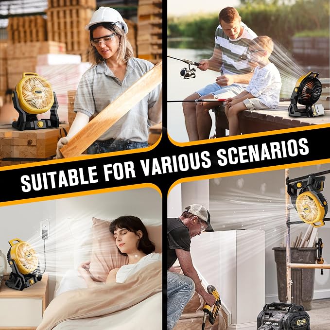 HEINPRO Portable Fan Battery Powered, Compatible with Dewalt 20V Max Battery, 650CFM Camping Travel Fan with Variable Speed, Silent Low Noise, for Workshop Garage Jobsite Use, AC Adapter Included