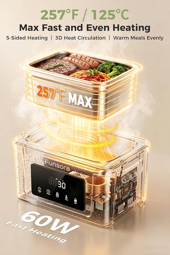 Cordless Heated Lunch Box 6.3Cups Electric Lunch Box 24000mAh Rechargeable Battery Fast 5-Sided Heating Self Heating Food Warmer Smart Timer Lunch Box for Work Travel Truck