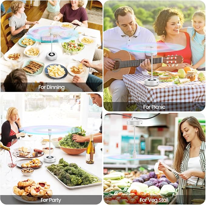 TriPole Fly Fans for Tables, 2000mAh Rechargeable Battery Operated Food Fan Lasts 20 Hrs with LED Display, Portable Fly Table Fan Indoor Outdoor for Picnic, Party, BBQ, Kitchen, Patio, 4 Pack White