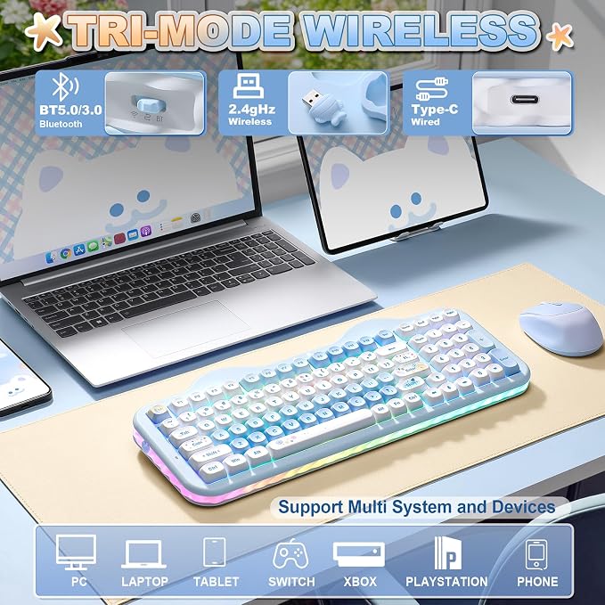 YUNZII C98 Wireless Mechanical Keyboard with Number Pad,98 Key BT5.0/2.4G/USB-C Hot Swap Gasket Mount with PBT MOA Keycaps,Custom RGB,Cute Cake Keyboard for Win/Mac (Blue, Milk V2 Linear Switch)