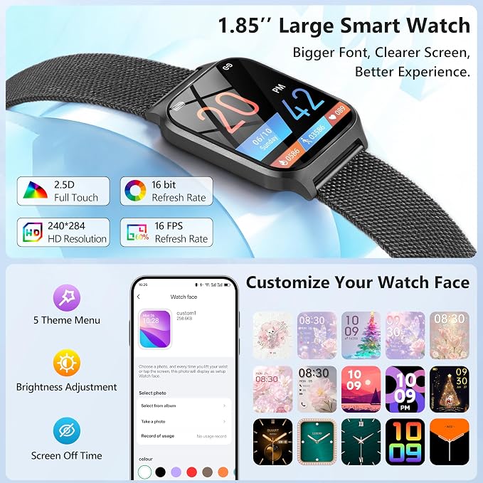 Smart Watch Women Men, 1.85’’ Lightweight Fitness Tracker Make/Answer Call, HR/Blood Pressure/Sleep Monitor, 110+Sport Modes, Waterproof Reloj inteligente Compatible for Android & Samsung & iPhone