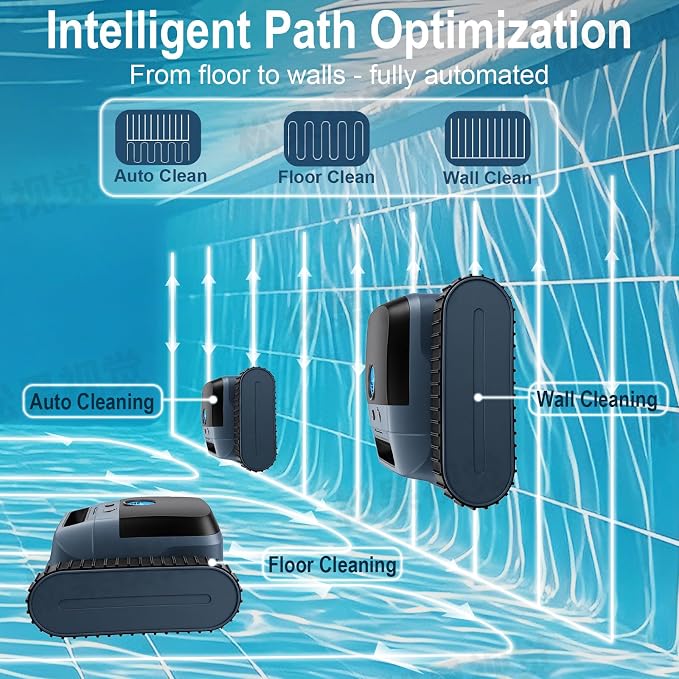 Cordless Robotic Pool Vacuum Cleaner, Intelligent Route Planning, Wall & Waterline Climbing, 120-Min Runtime, for Above Ground/Inground Pools up to 2000 sq. ft, APP Support,Blue