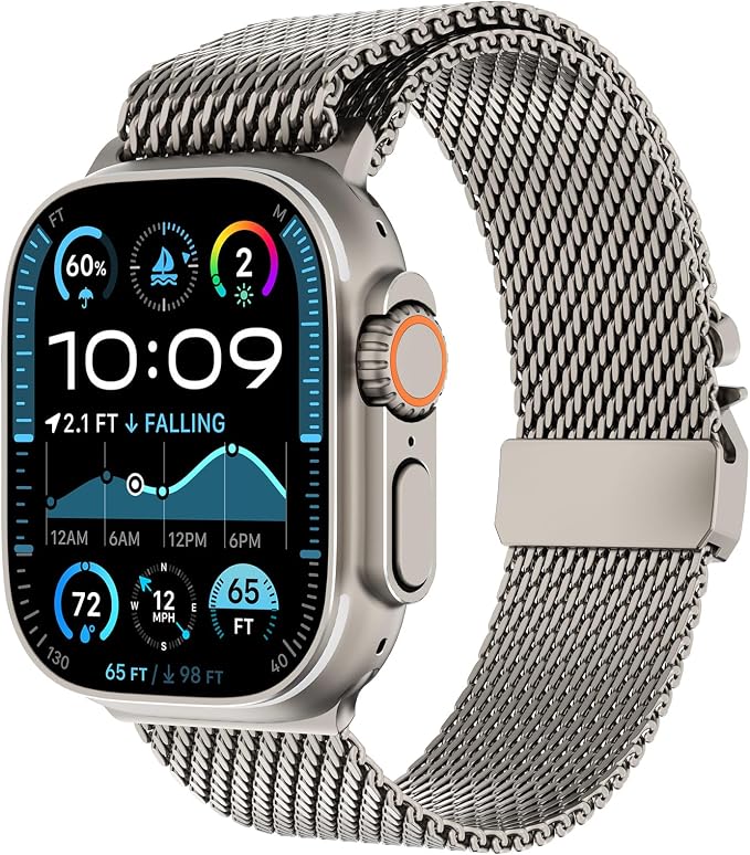 FULLIFE Milanese Mesh Loop for Apple Watch Band Apple Watch Ultra 3/2/1 Band 49mm 46mm 45mm 44mm Men Women, Stainless Steel Metal Band Parachute-style Buckle for iWatch Series 11 10 9 8 7 6 SE3 5 4 3
