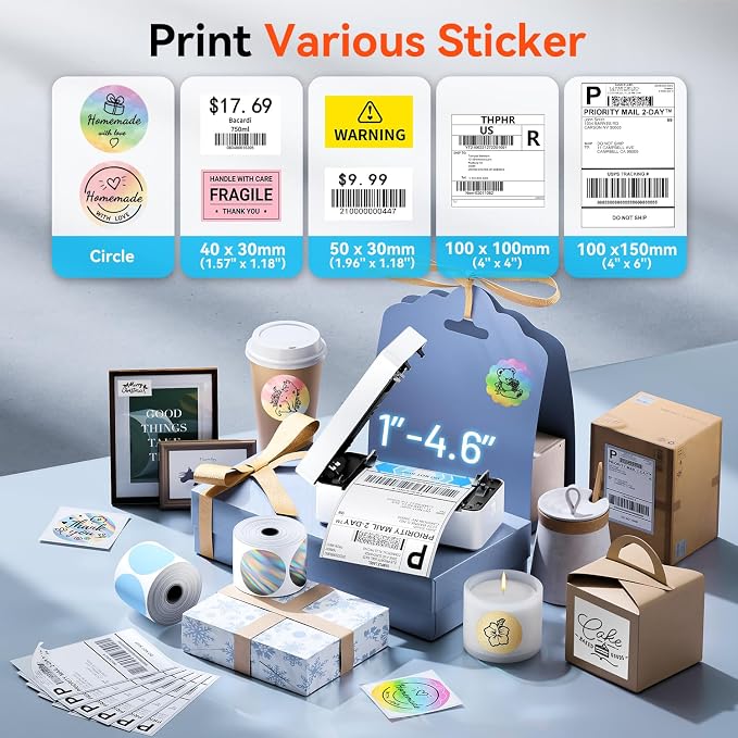 TATTMUSE Bluetooth Thermal Label Printer, 4X6 Shipping Label Printer for Small Business, Wide Format Plotter Printer Compatible with Phone, iOS, Android, Windows, Mac, Amazon, Ebay, Shopify, White