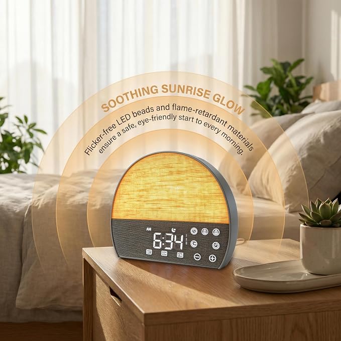 Sunrise Alarm Clock, 30 Soothing Sounds, FM Radio & Bluetooth | Zero Blue-Light Display, Flame-Retardant Build, No App Needed, Gift-Ready Box, Dual Alarms, Touch Panel